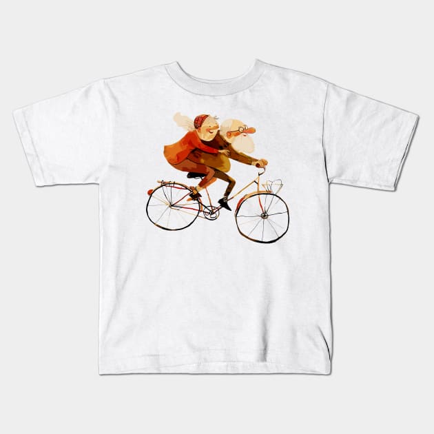 Old Couple Bicycling Kids T-Shirt by erzebeth
